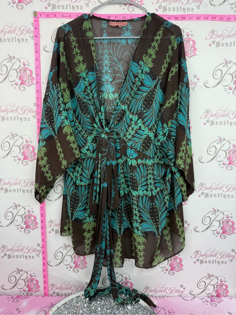 Bandolino dress mini Brown Sheer Kimono Coverup with Teal & Green Print